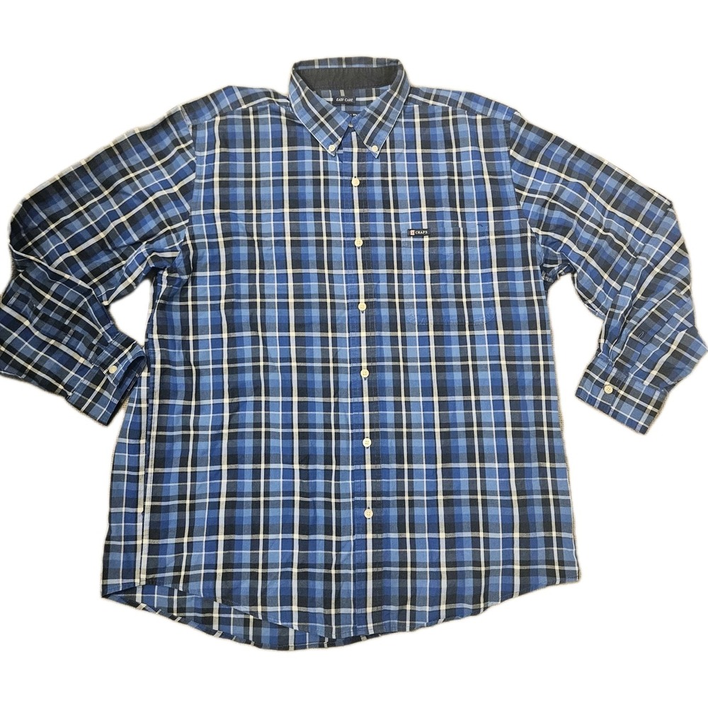 Men's Ralph Lauren Chaps Easy Care XL Long Sleeve Blue Plaid Button-Down Shirt